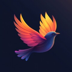 Obraz premium A vibrant, stylized bird in flight with colorful wings against a dark background.