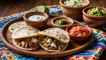 Gorditas with Pork Carnitas and Queso Fresco on a Wooden Tray