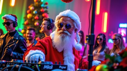 Obraz premium A suave Santa sports shades, a crisp white beard, and a mischievous grin behind a festive Christmas tree, his eyes gleaming with playful intensity in a surprisingly cool holiday look