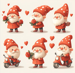 cute Valentine's Day gnomes in red and white, clip art on a white background