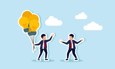 A businessman holds several light balloons and shows them to other business partners, illustration of business motivation in applying ideas and innovations to partners