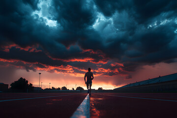 Dramatic runner silhouette on track under stormy clouds and fiery sunset, moody sports scene, intense sky, outdoor athletics, perseverance, and determination concept

