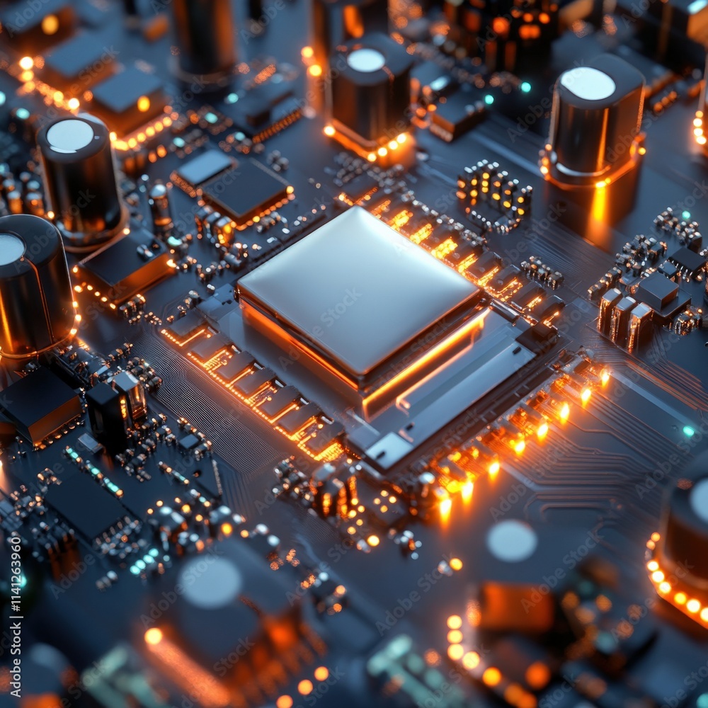 Poster a close up of a computer chip with a bright orange glow