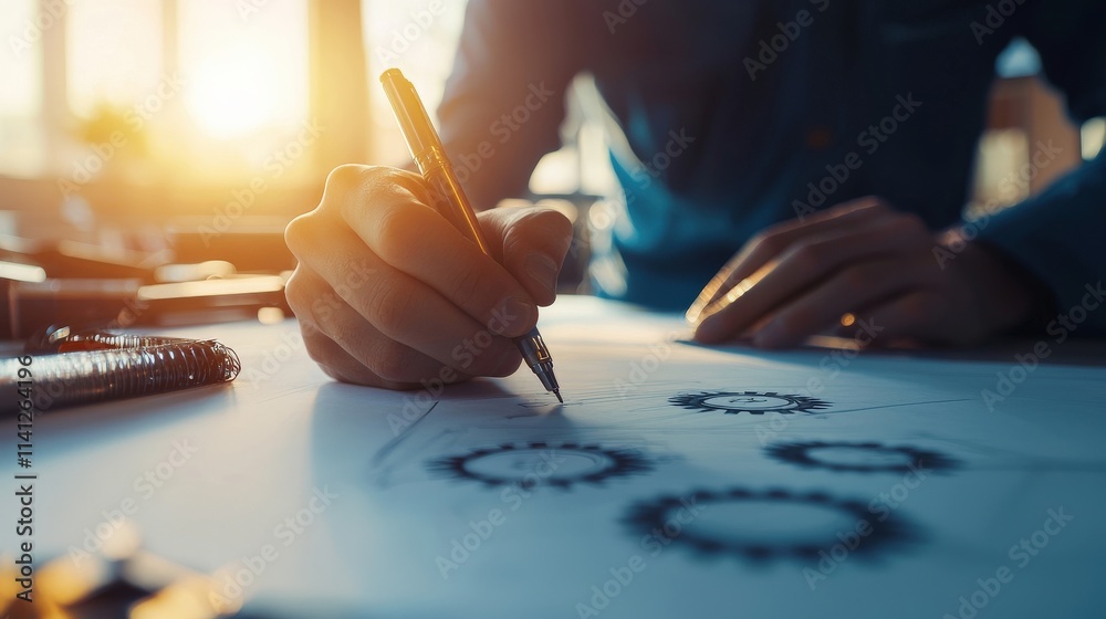 Aufkleber An engineer sketching a gear mechanism blueprint on a drafting table with precision tools neatly arranged