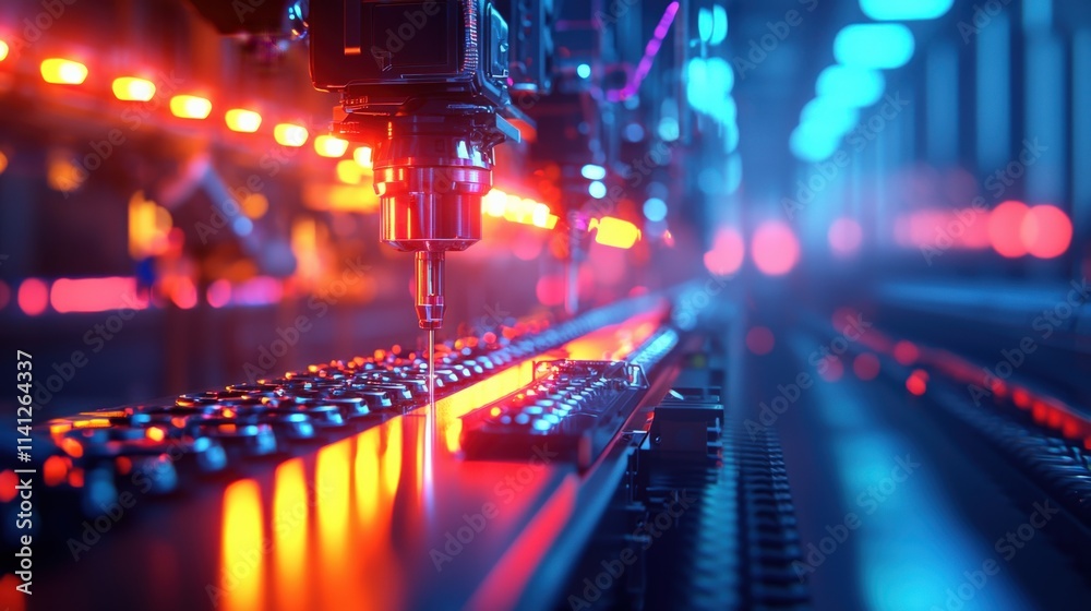 Poster An assembly line featuring robotic arms working on automotive components in a vibrant factory setting