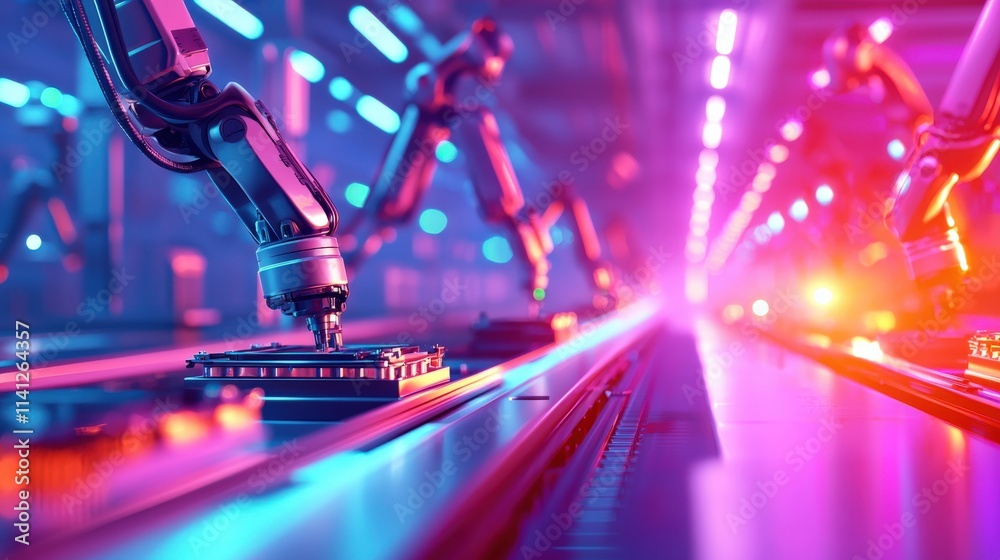 Poster An assembly line featuring robotic arms working on automotive components in a vibrant factory setting