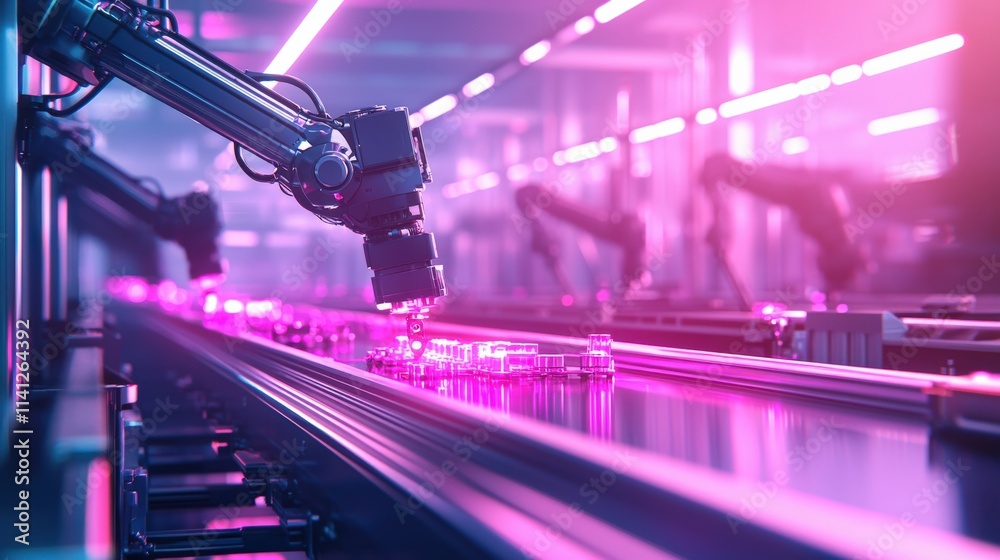Poster An assembly line featuring robotic arms working on automotive components in a vibrant factory setting