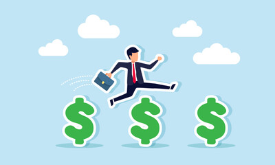A businessman jumps over obstacles of dollar signs, illustration of step-by-step progress through financial milestones of a business company