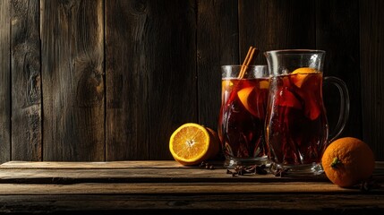 Two Glasses of Mulled Wine with Oranges and Spices