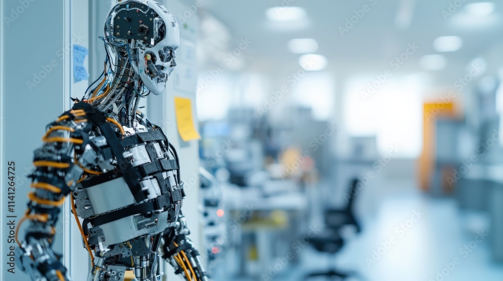 Leinwandbilder A robotic exoskeleton prototype displayed on a testing rig with tools and notes in the background