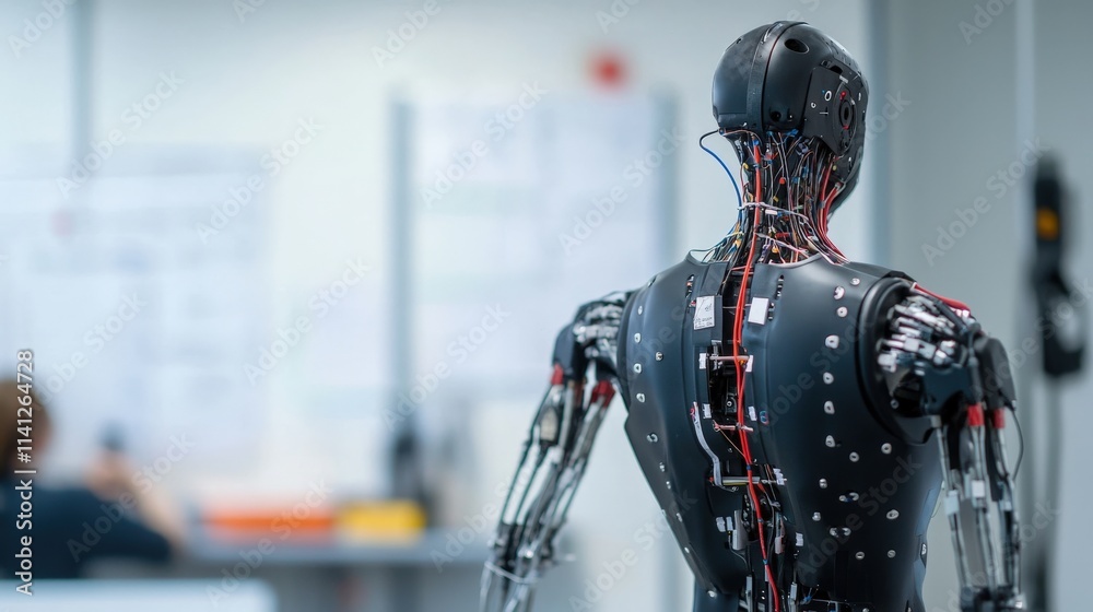 Leinwandbilder A robotic exoskeleton prototype displayed on a testing rig with tools and notes in the background