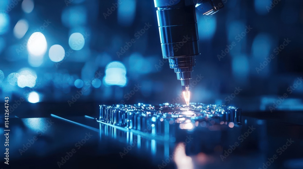 Poster A robotic arm assembling intricate mechanical components in a high-tech factory, illuminated by bright industrial lights