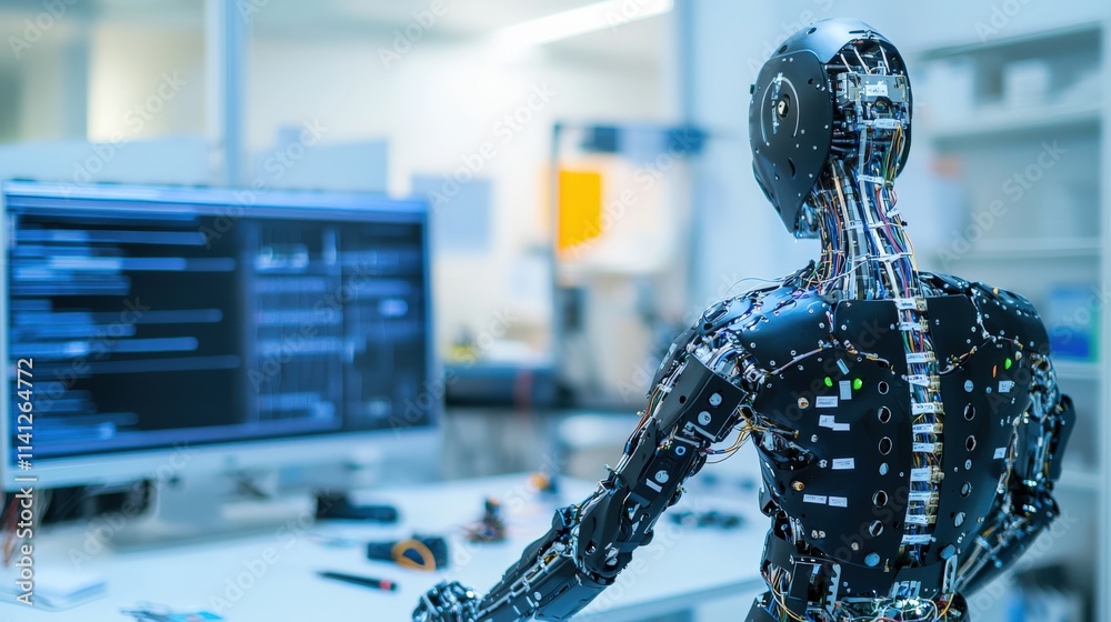 Aufkleber A robotic exoskeleton prototype displayed on a testing rig with tools and notes in the background