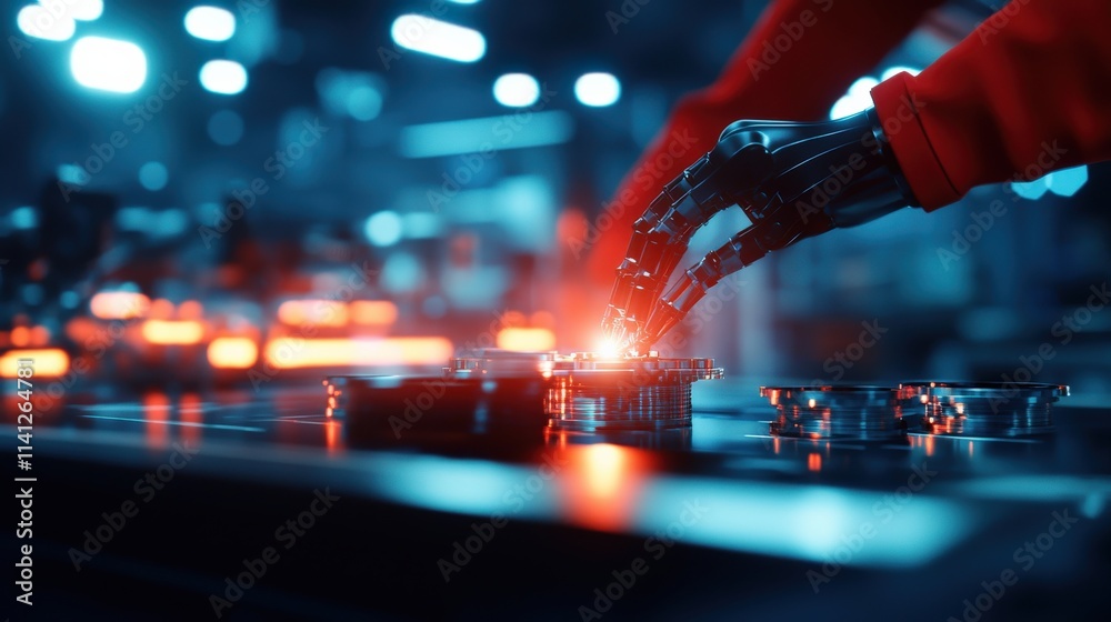 Poster A robotic arm assembling intricate mechanical components in a high-tech factory, illuminated by bright industrial lights