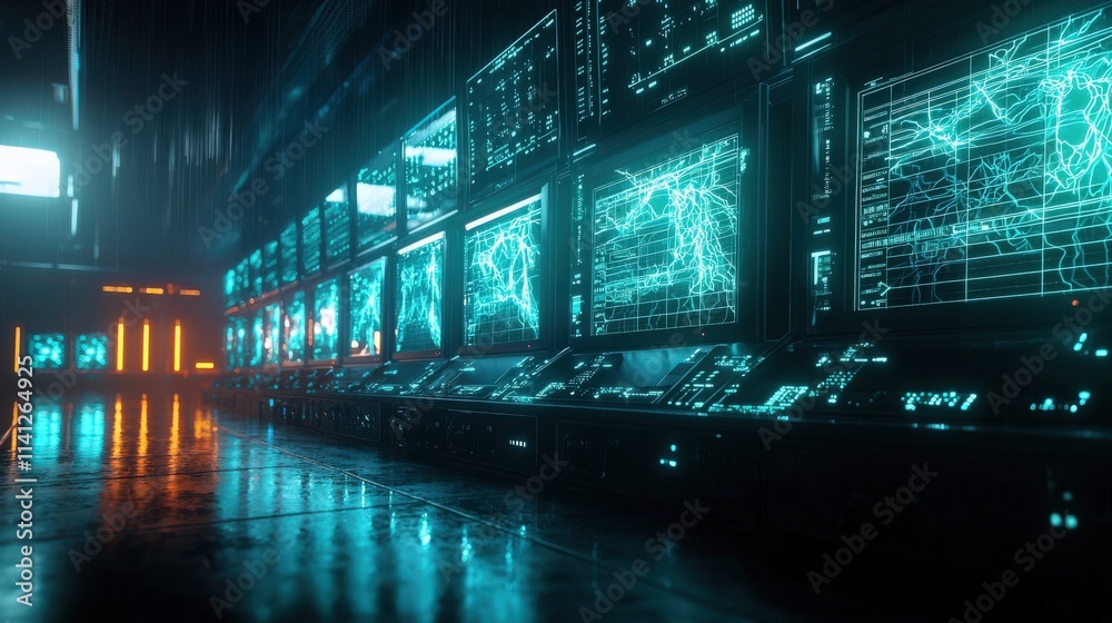 Poster A power grid control room with high-tech monitors displaying real-time energy flows across circuits