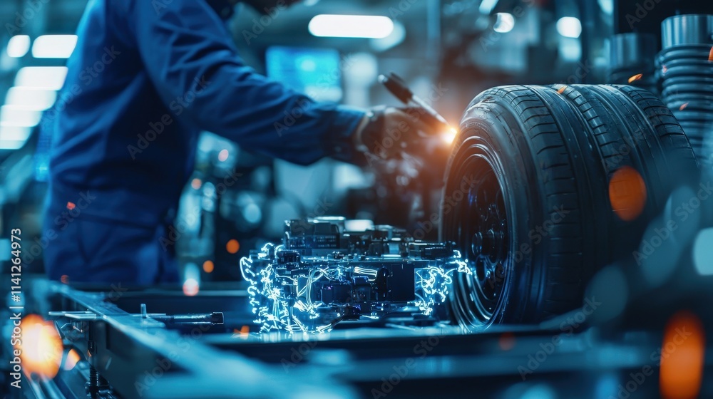Poster a mechanical engineer working on a motorized vehicle prototype in a sleek modern laboratory