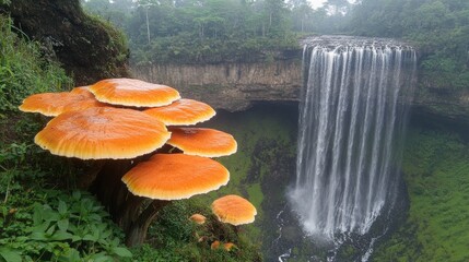 Orange Mushrooms Beside a Majestic Waterfall in Lush Greenery