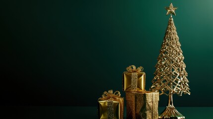 Elegant Golden Christmas Tree Ornaments with Gifts on Deep Green Background