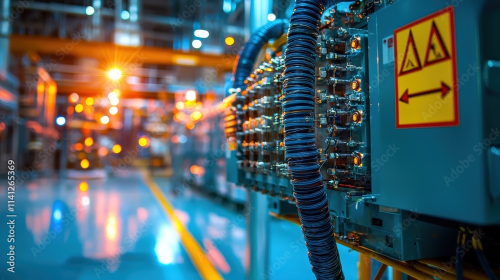 Poster A high-voltage transformer surrounded by warning signs and brightly colored cables in a testing facility