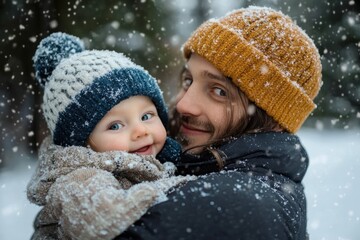 Winter Wonderland Father Holding Son in Snowy Forest Enjoying Holiday Adventure Together