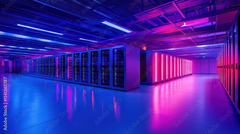 Fototapete A data center with rows of illuminated servers and technicians monitoring performance on tablets