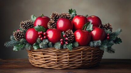Wicker basket filled with red apples, pine cones, and holly sprigs.