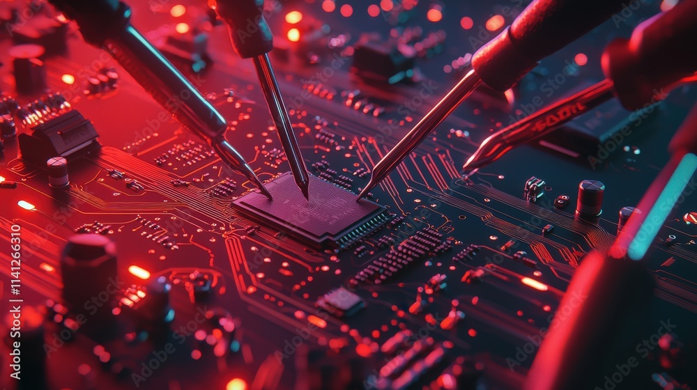 Aufkleber A circuit board being soldered by an engineer with hyperdetailed tools and wires scattered around