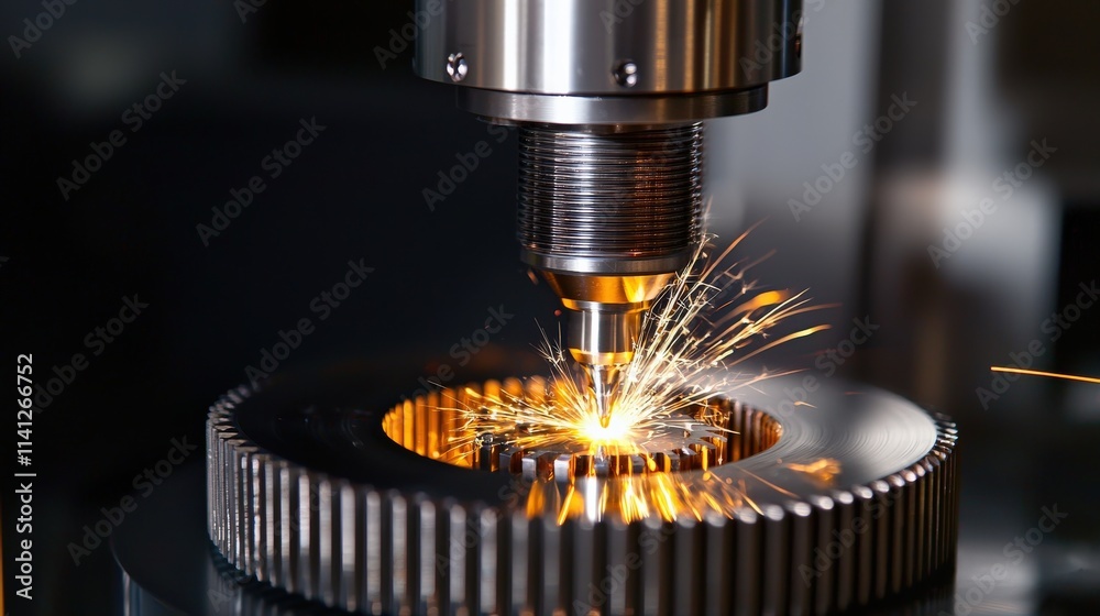 Poster a cnc machine producing a metallic gear, with sparks flying and detailed textures of the cutting pro