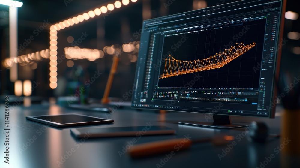 Aufkleber A CAD software interface displaying a 3D model of a bridge design, with a tablet and tools beside the workstation