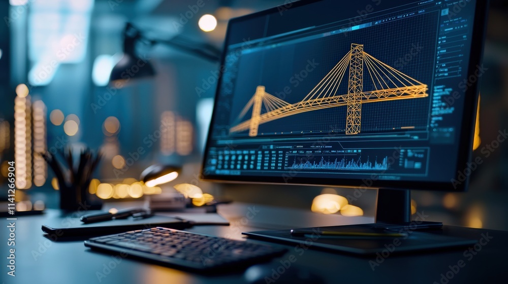 Aufkleber A CAD software interface displaying a 3D model of a bridge design, with a tablet and tools beside the workstation