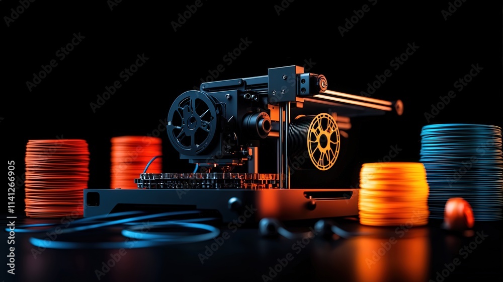 Poster a printer creating a detailed mechanical part, surrounded by spools of colorful filament