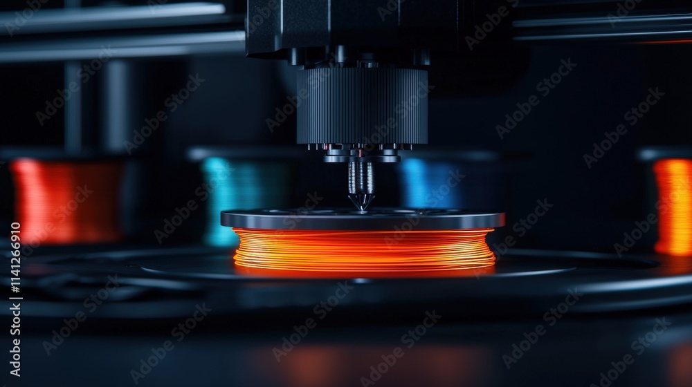 Poster a printer creating a detailed mechanical part, surrounded by spools of colorful filament