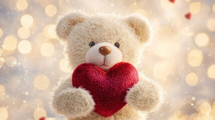 Fototapeta premium Teddy Bear Holding a Heart Concept. Cute teddy bear holding a red heart with a dreamy background