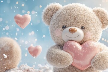 Obraz premium Teddy Bear Holding a Heart Concept. Cute teddy bear holds a heart surrounded by pink hearts and snowflakes