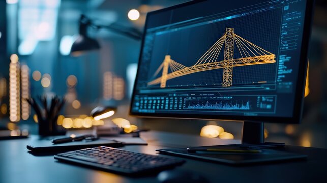 A CAD software interface displaying a 3D model of a bridge design, with a tablet and tools beside the workstation