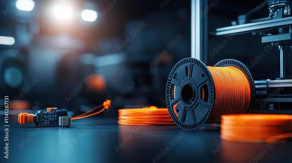 Poster A printed motor casing displayed alongside raw spools of filament and a modern printer