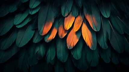 Obraz premium Elegant black and green feather texture with vibrant orange light highlight