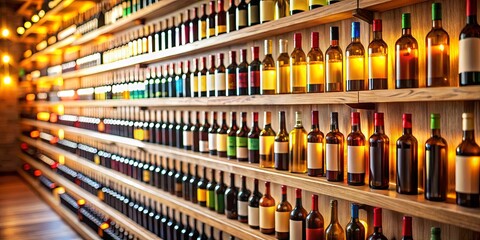 Fototapeta premium Rows of wine bottles on wooden shelves in a dimly lit wine cellar