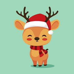 Fototapeta premium illustration of a cute christmas reindeer with a happy expression, and wearing a christmas scarf and hat. With an isolated blue background. Great for logos, t-shirt designs, greeting cards, etc