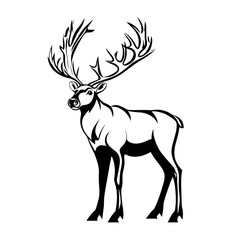 Majestic deer with large antlers, black and white illustration.
