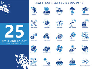 Space and Galaxy dual tone icons pack, contain astronaut, planet, UFO, orbit, telescope, space ship, rocket and more. Related to education and technology theme. use for UI, UX, app, web development.