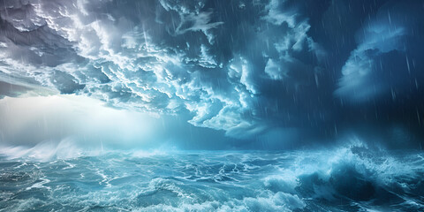 Fototapeta premium A dramatic scene of a stormy ocean with dark, ominous clouds and powerful waves.