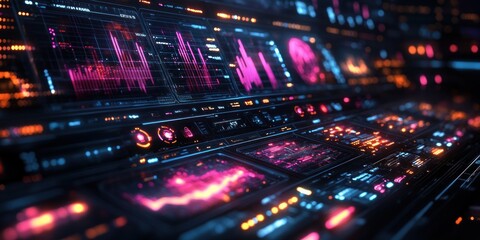 Futuristic Digital Dashboard with Neon Graphs and Statistics for Advertising Performance Analysis