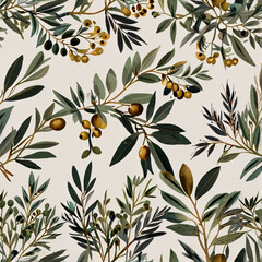 A minimalist pattern featuring olive branches with soft green leaves and small golden olives.