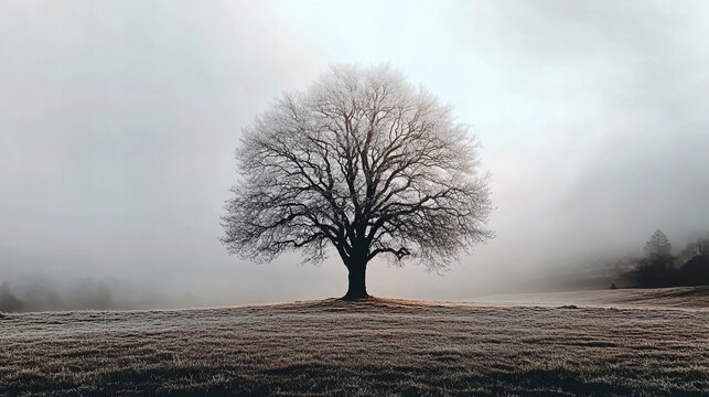 Lonely leafless tree stands amidst fog in a snowy field at dawn - Powered by Adobe