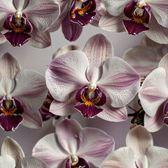 Beautiful orchid flowers in shades of white, light purple, and soft pink, arranged in a loose, flowing pattern. 