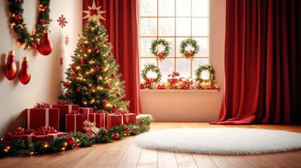 Christmas interior decoration, Christmas tree and gift box