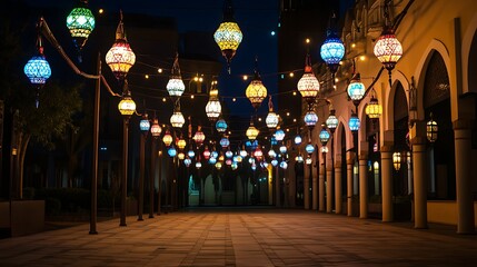 Colorful Lanterns Illuminate Nighttime Alleyway Scene