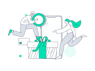 Holiday shopping people doing e-commerce online shopping flat vector concept operation hand drawn illustration
