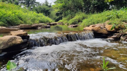 Serene Stream Cascading Over Rocks In Lush Green Foliage